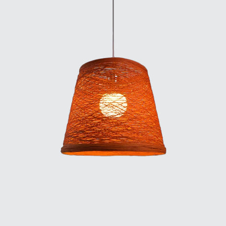 Modern Tapered Drum Rattan Pendant Lamp | Black/Red/Pink 1 Head Ceiling Hang Light For Dining Table