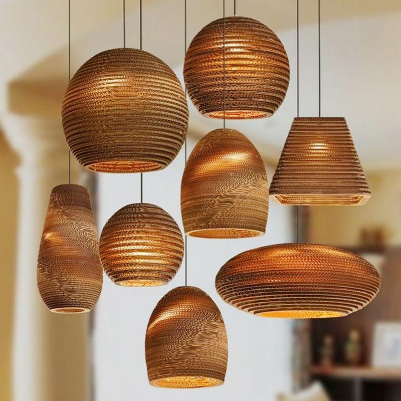 1 Bulb Bistro Pendant Light In Rustic Brown With Corrugated Paper Shade