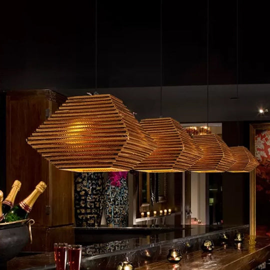 Rustic Brown Bistro Pendant Lighting With Geometric/Cylinder/Bellied Corrugated Paper Shade
