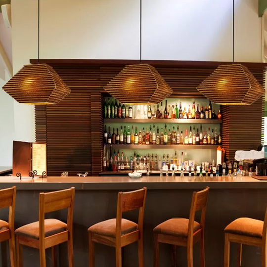 Rustic Brown Bistro Pendant Lighting With Geometric/Cylinder/Bellied Corrugated Paper Shade