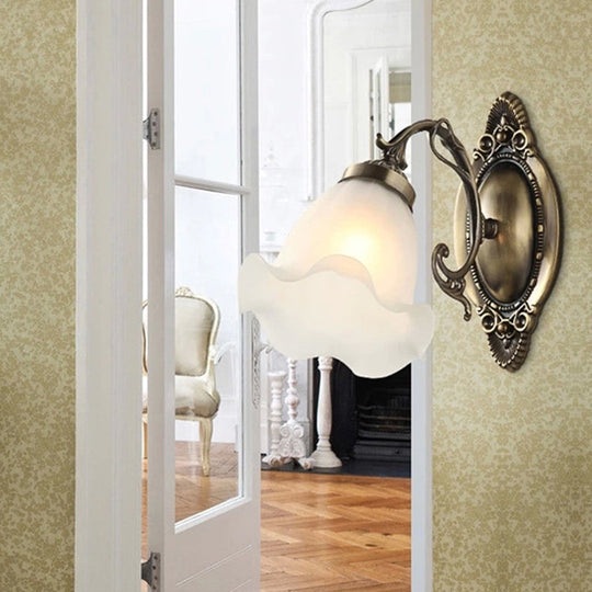 Frosted Glass Wall Lamp In Countryside Bronze: Elegant Flower Design For Living Room Lighting