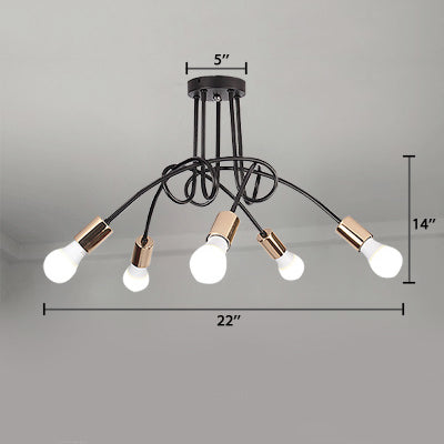 Industrial Twisted Metallic Semi-Flush Ceiling Light With Bare Bulb - Black 3/5 Lights For Hallway
