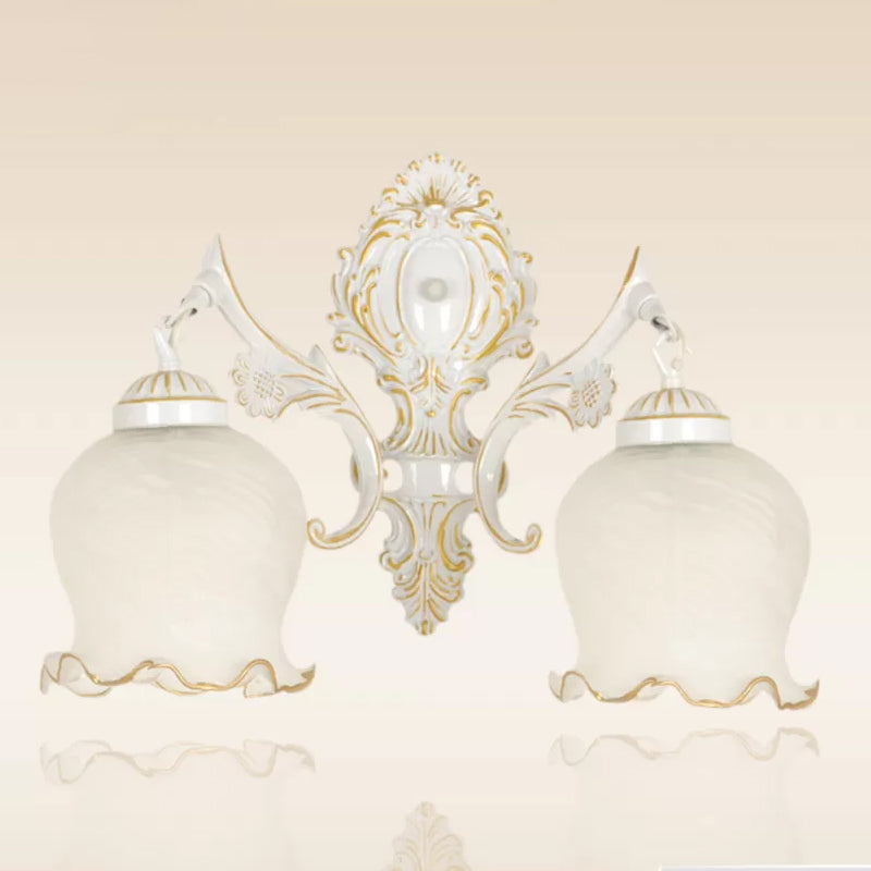 Traditional 2-Headed Ruffle Wall Sconce Light With Bronze Finish And Frosted Glass - Ideal For