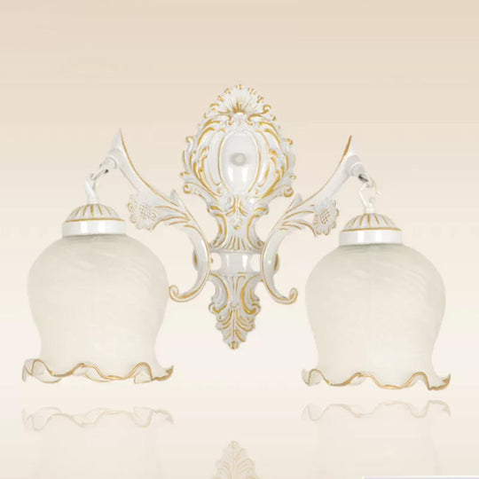 Traditional 2-Headed Ruffle Wall Sconce Light With Bronze Finish And Frosted Glass - Ideal For