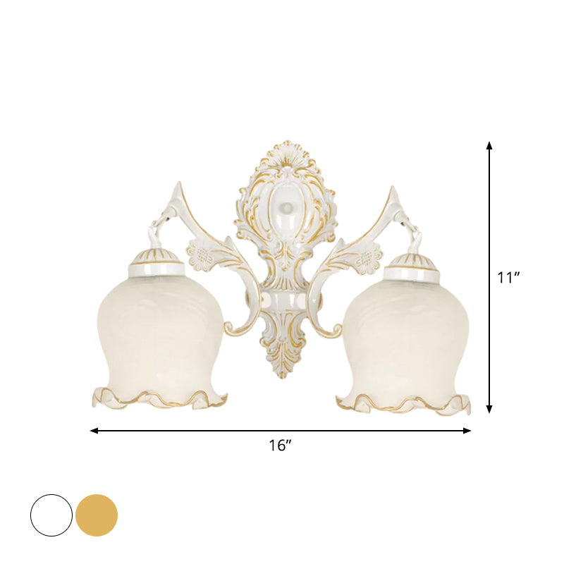 Traditional 2-Headed Ruffle Wall Sconce Light With Bronze Finish And Frosted Glass - Ideal For