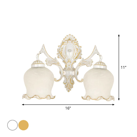 Traditional 2-Headed Ruffle Wall Sconce Light With Bronze Finish And Frosted Glass - Ideal For