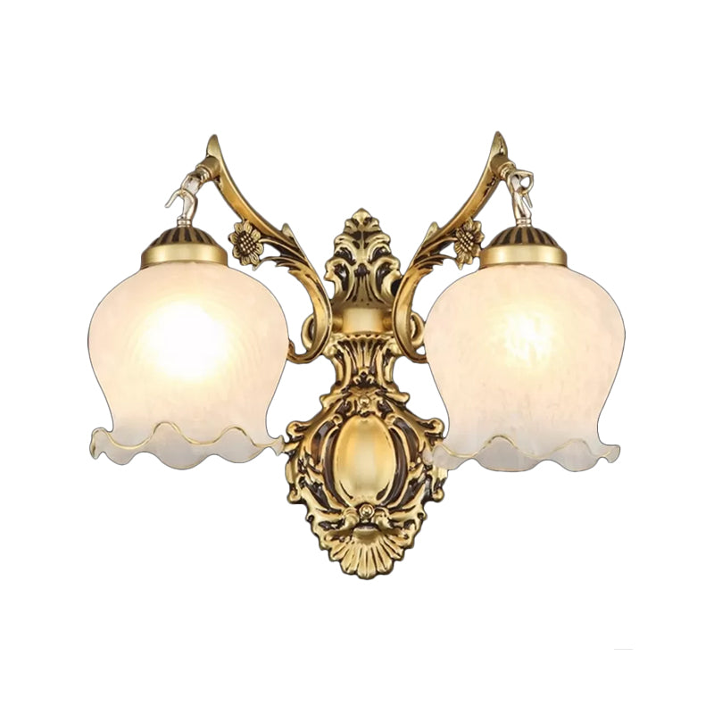Traditional 2-Headed Ruffle Wall Sconce Light With Bronze Finish And Frosted Glass - Ideal For