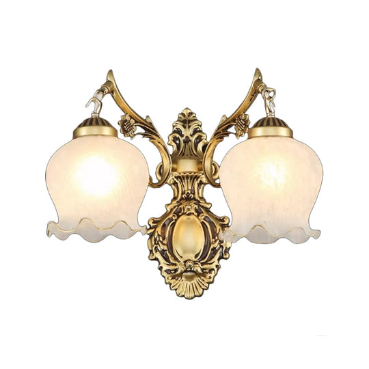 Traditional 2-Headed Ruffle Wall Sconce Light With Bronze Finish And Frosted Glass - Ideal For