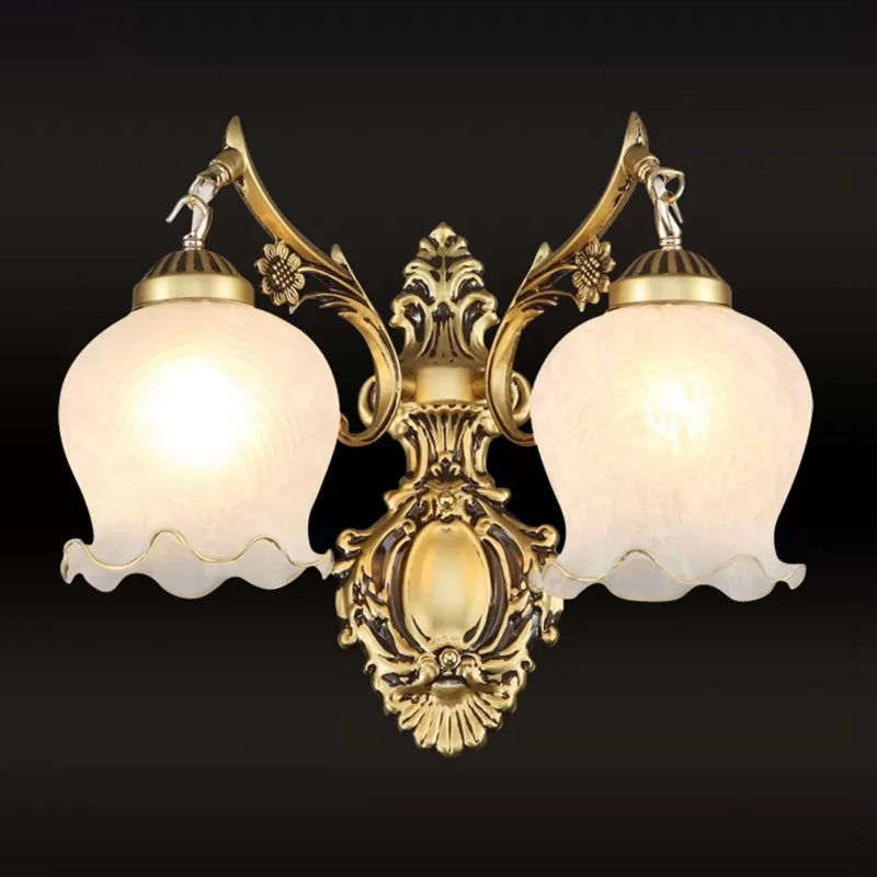 Traditional 2-Headed Ruffle Wall Sconce Light With Bronze Finish And Frosted Glass - Ideal For