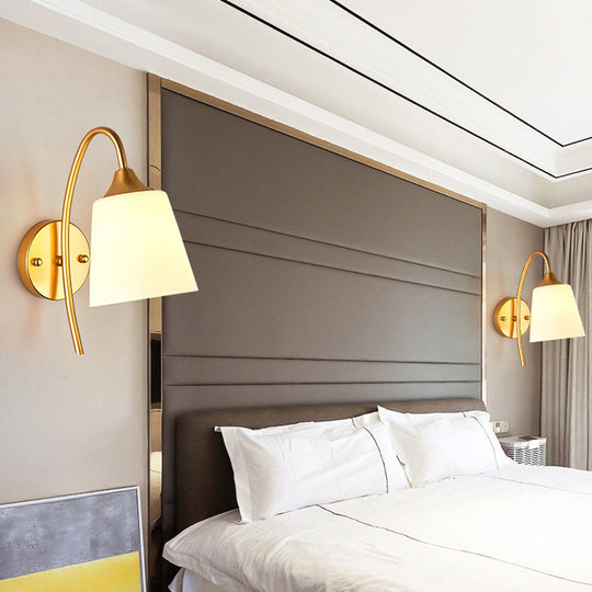 Minimalist Ivory Glass 1-Light Wall Lamp | Gold Gooseneck Sconce Lighting