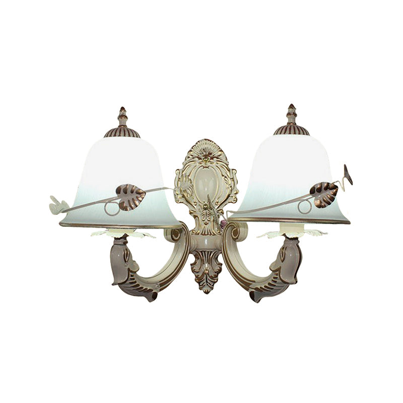 Rustic Distressed White Wall Sconce With Frosted Glass Bell Shade - Perfect For Living Room