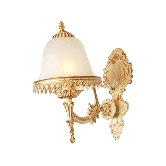 Farmhouse Beige Bell Wall Lamp With Opal Glass And Carved Trim - Perfect Bedroom Sconce