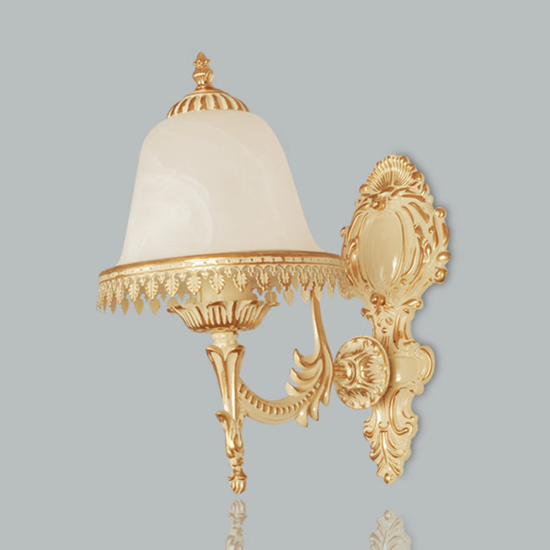 Farmhouse Beige Bell Wall Lamp With Opal Glass And Carved Trim - Perfect Bedroom Sconce