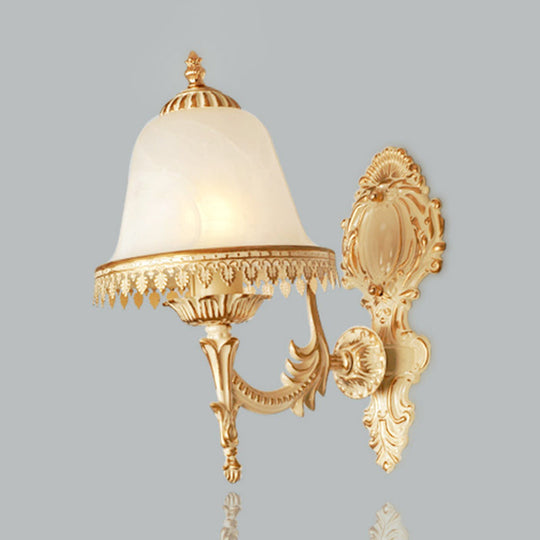 Farmhouse Beige Bell Wall Lamp With Opal Glass And Carved Trim - Perfect Bedroom Sconce
