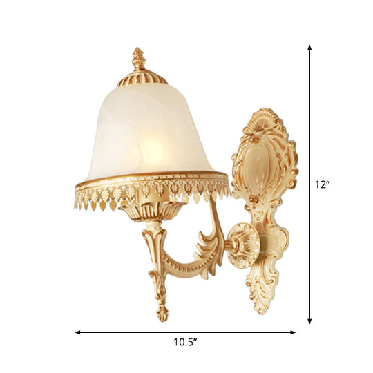 Farmhouse Beige Bell Wall Lamp With Opal Glass And Carved Trim - Perfect Bedroom Sconce