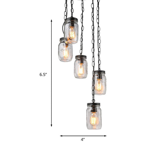 Modern Black 5-Light Cluster Pendant With Clear Glass Jar Shades - Hanging Light Fixture Cord/Chain