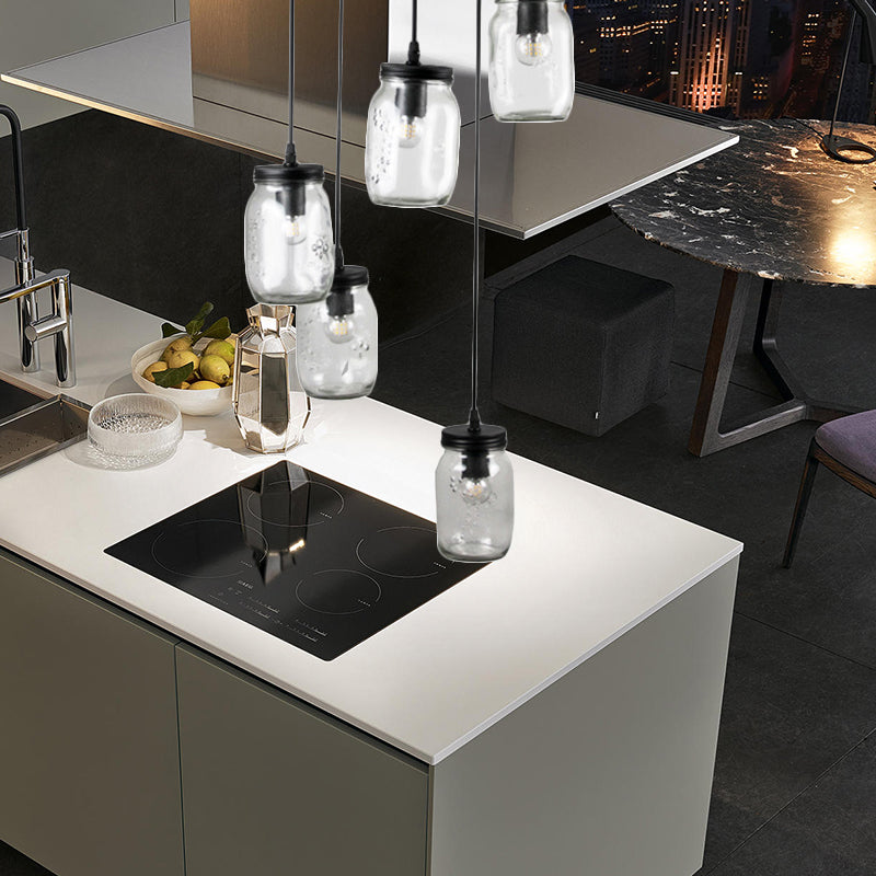 Modern Black 5-Light Cluster Pendant With Clear Glass Jar Shades - Hanging Light Fixture Cord/Chain