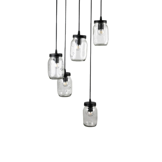 Modern Black 5-Light Cluster Pendant With Clear Glass Jar Shades - Hanging Light Fixture Cord/Chain