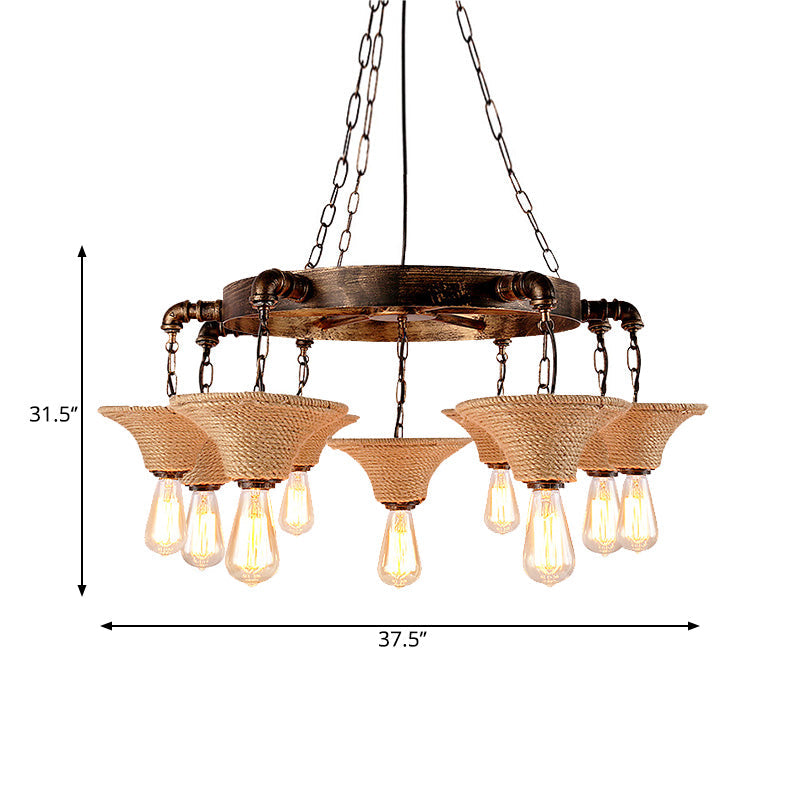 Antique Bronze Rope Chandelier Pendant Light With Cone Shade - Rustic Dining Room Ceiling Lamp 7/9