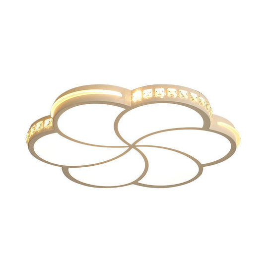 Contemporary Led Flush Ceiling Light: White Flower Design With Clear Crystal Accents For Kids Room