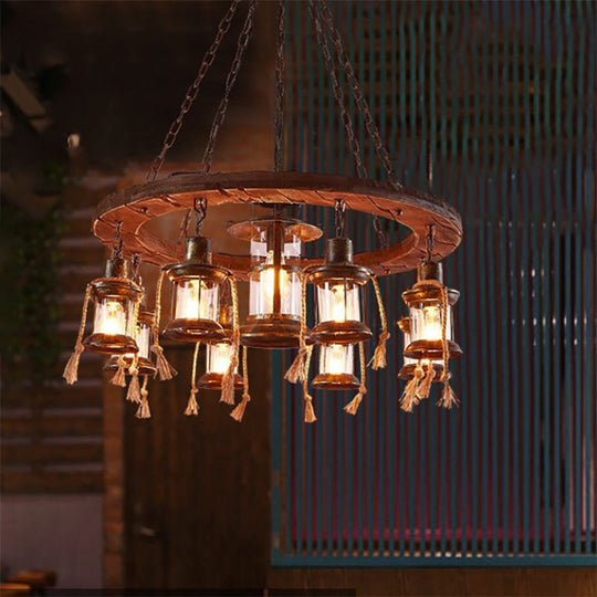 Coastal Clear Glass Lantern Pendant Chandelier With Wood Multi Lights & Chain Fixture