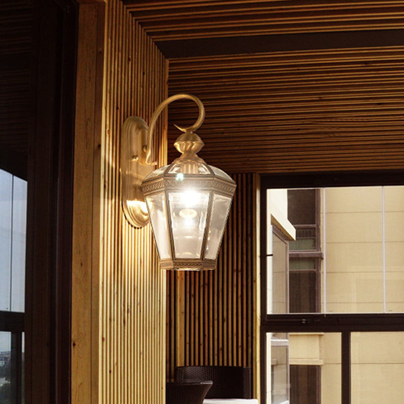 Vintage Antique Brass Wall Sconce Light With Transparent Glass - 1-Light Tapered Lamp For Outdoor