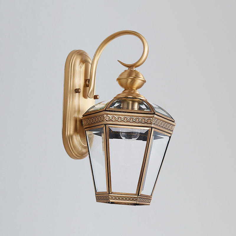 Vintage Antique Brass Wall Sconce Light With Transparent Glass - 1-Light Tapered Lamp For Outdoor