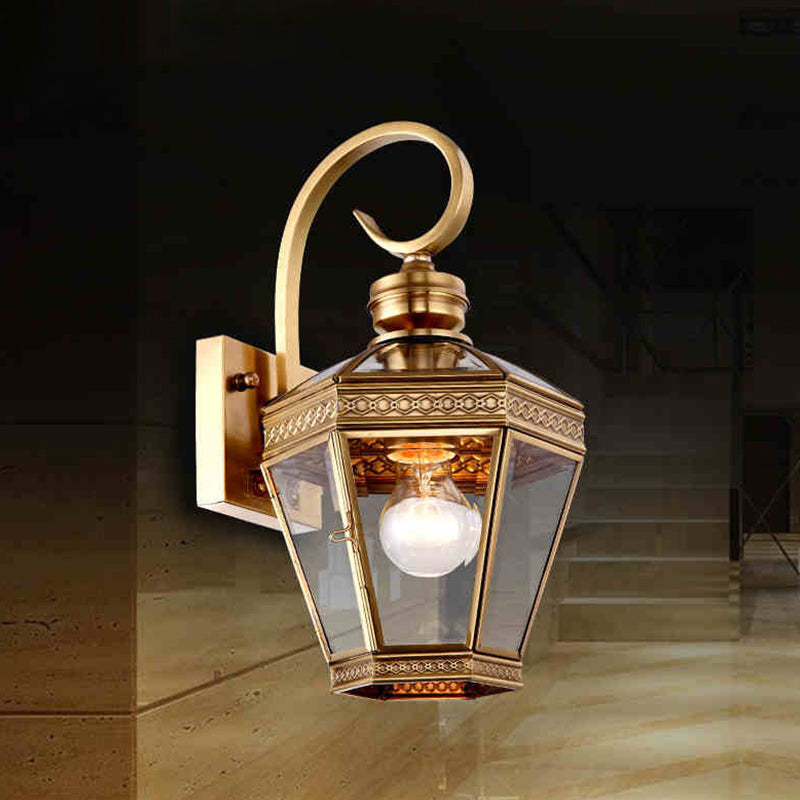 Sleek 1-Light Outdoor Brass Wall Sconce With Clear Glass Lantern Shade
