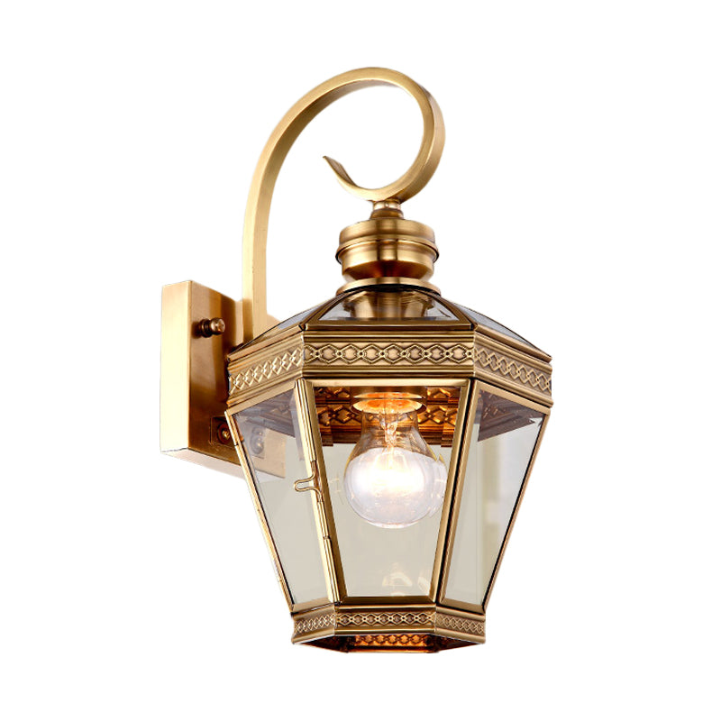 Sleek 1-Light Outdoor Brass Wall Sconce With Clear Glass Lantern Shade