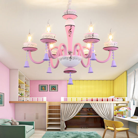 Childs Bedroom Candle Suspension Light: Musical Note Cartoon Glass Chandelier With Little Bell