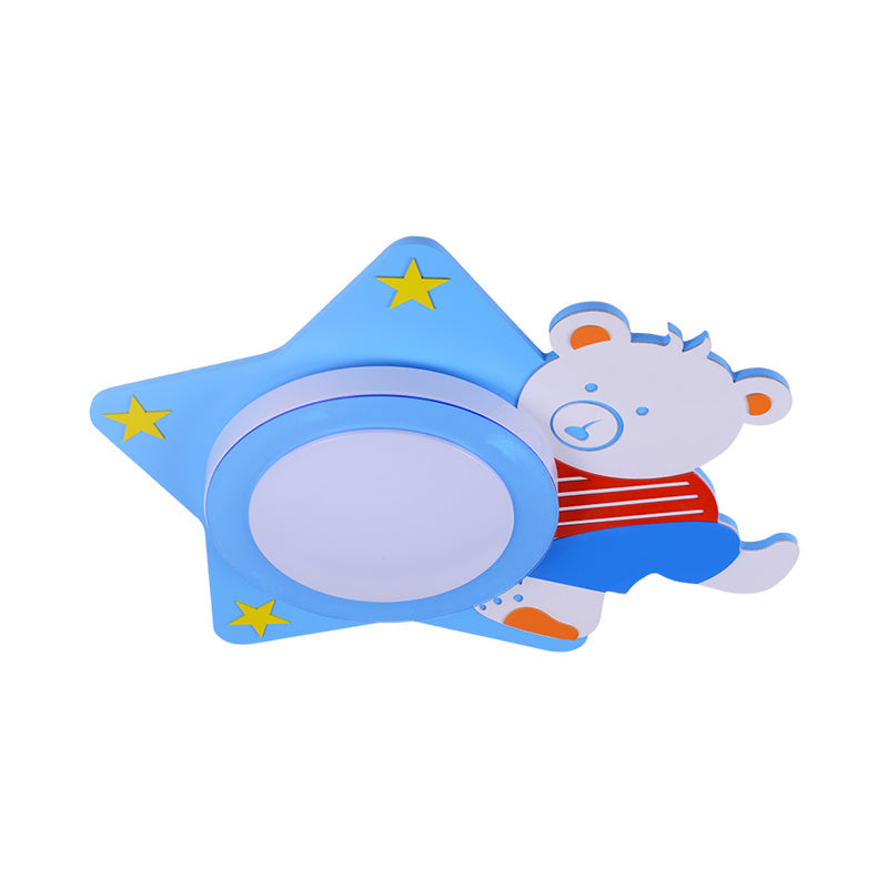 Boys’ Cartoon Bear Wood Animal Blue Led Ceiling Light
