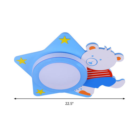 Boys’ Cartoon Bear Wood Animal Blue Led Ceiling Light