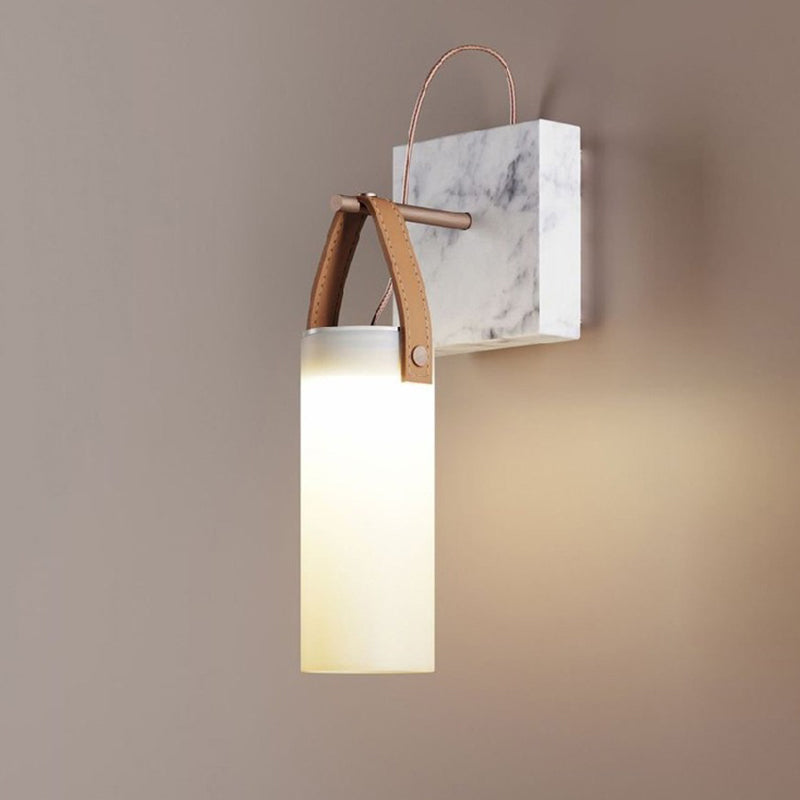 Nordic Led Cylinder Wall Light White Glass Leather Strap