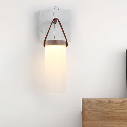 Nordic Led Cylinder Wall Light White Glass Leather Strap