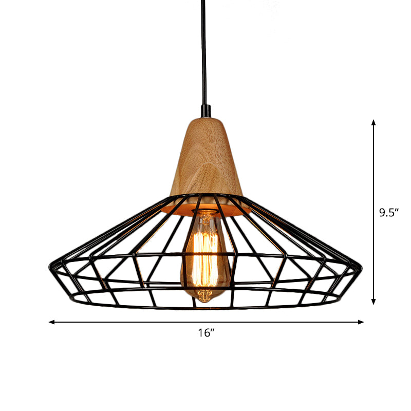 Rustic Iron Cage/Barn/Pot Shaped Pendant Light With Wood Socket - Black 1-Bulb Perfect For