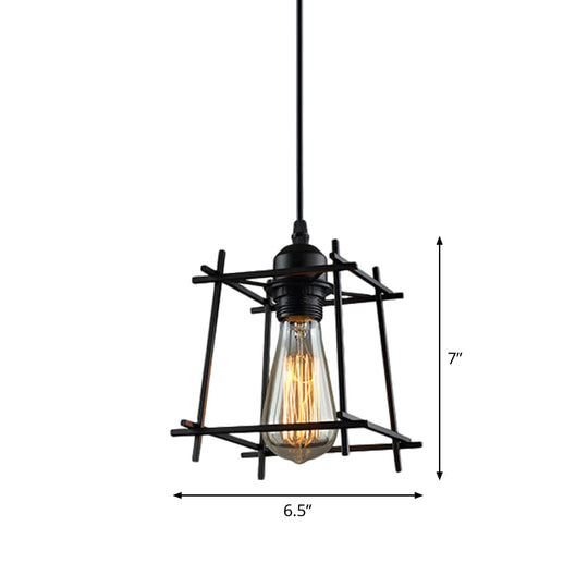 1-Light Rustic Suspension Lamp: Metal Black Trapezoid/Lotus Leaf Design Perfect For Living Room