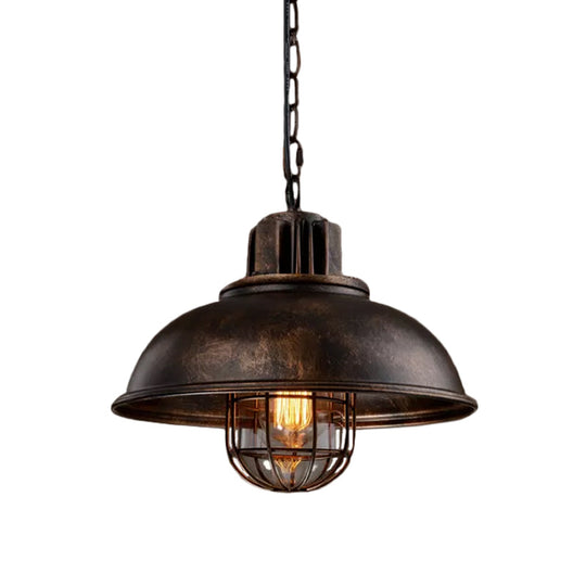 Country Iron 1-Light Pendant Lamp With Cage And Inner Glass Shade - Bowl Bistro Hanging Light Kit
