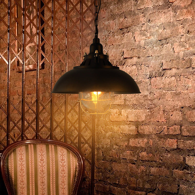 Rustic 1-Light Bistro Hanging Lamp - 12’/16’ Metal Pendant Lighting With Wire Cage And Clear