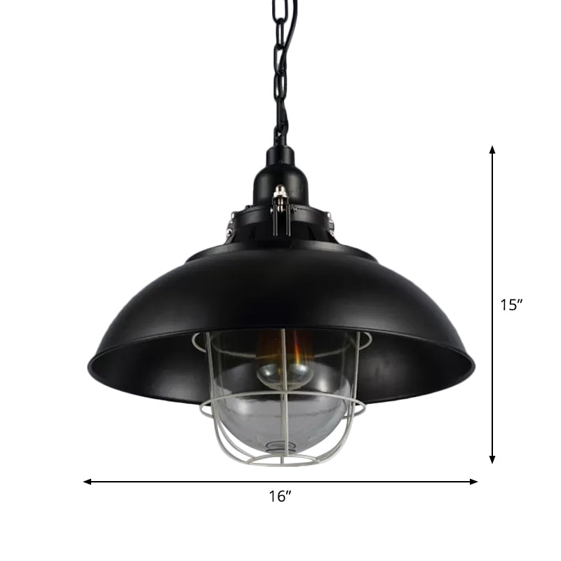 Rustic 1-Light Bistro Hanging Lamp - 12’/16’ Metal Pendant Lighting With Wire Cage And Clear