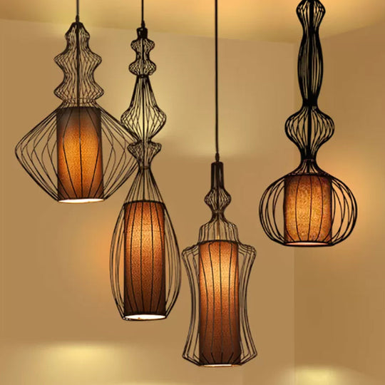 Retro Gourd Shaped Iron Pendant Light With Fabric Shade - Black 1 Bulb Stylish Ceiling Hanging