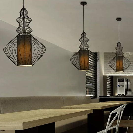Retro Gourd Shaped Iron Pendant Light With Fabric Shade - Black 1 Bulb Stylish Ceiling Hanging