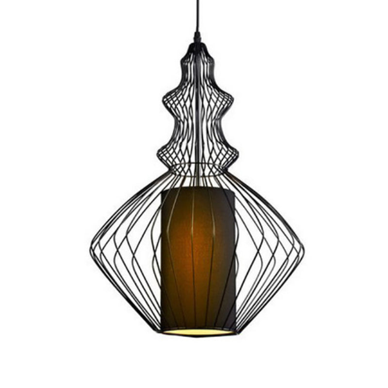 Retro Gourd Shaped Iron Pendant Light With Fabric Shade - Black 1 Bulb Stylish Ceiling Hanging