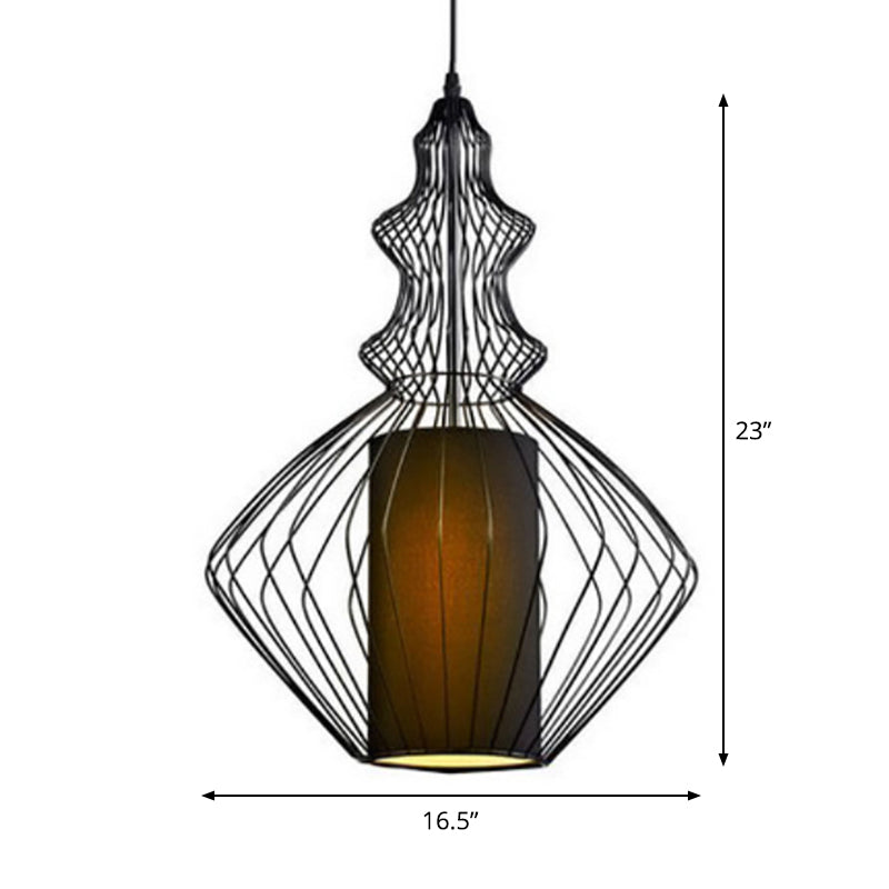 Retro Gourd Shaped Iron Pendant Light With Fabric Shade - Black 1 Bulb Stylish Ceiling Hanging