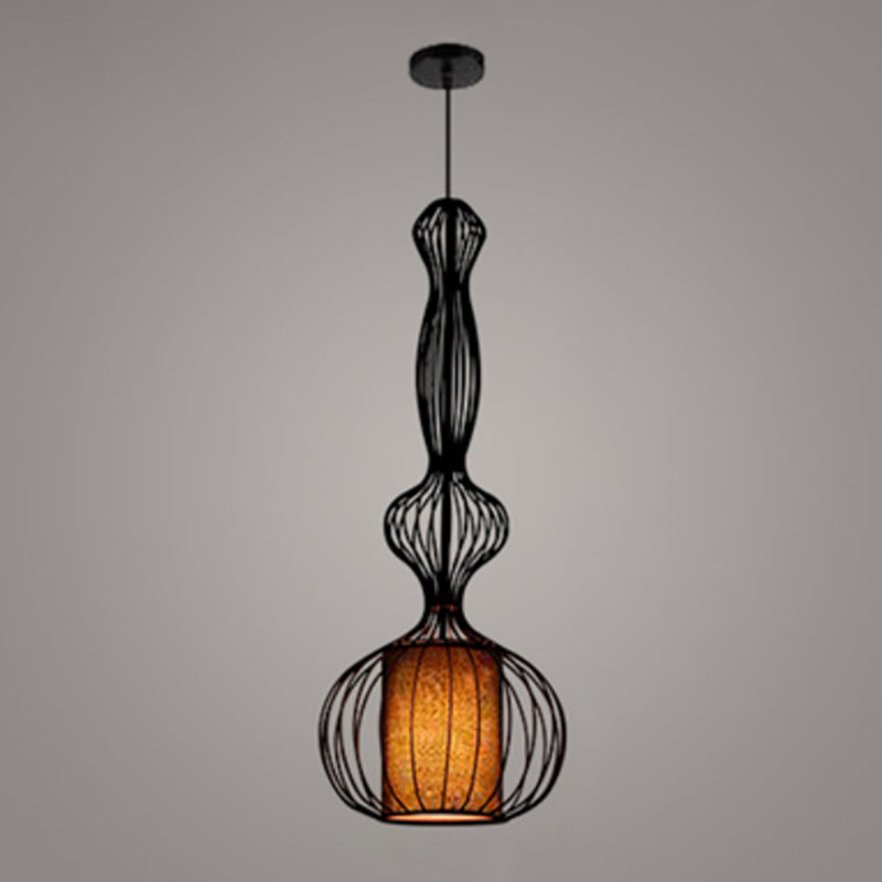 Retro Gourd Shaped Iron Pendant Light With Fabric Shade - Black 1 Bulb Stylish Ceiling Hanging