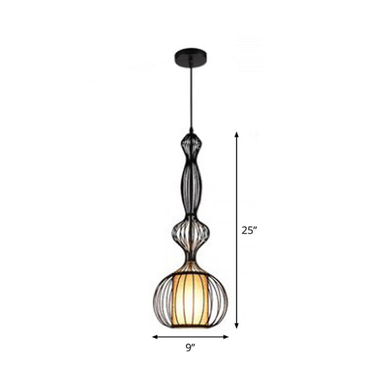 Retro Gourd Shaped Iron Pendant Light With Fabric Shade - Black 1 Bulb Stylish Ceiling Hanging