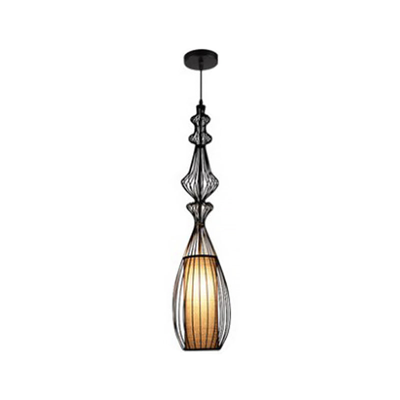 Retro Gourd Shaped Iron Pendant Light With Fabric Shade - Black 1 Bulb Stylish Ceiling Hanging