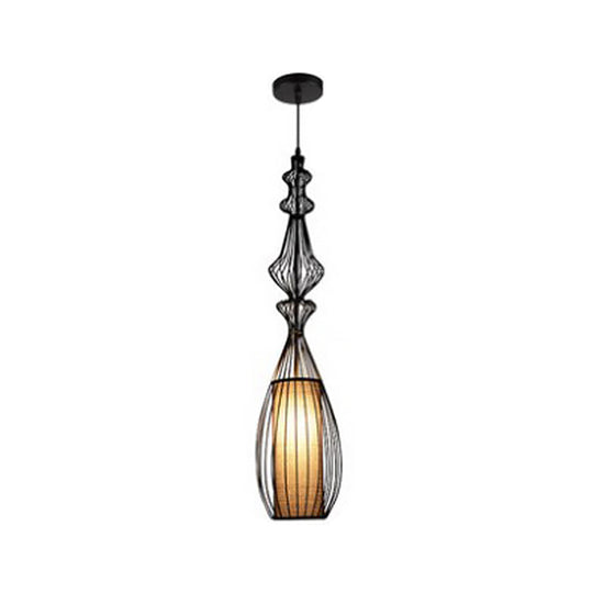 Retro Gourd Shaped Iron Pendant Light With Fabric Shade - Black 1 Bulb Stylish Ceiling Hanging