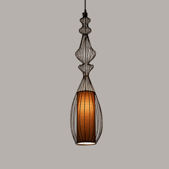Retro Gourd Shaped Iron Pendant Light With Fabric Shade - Black 1 Bulb Stylish Ceiling Hanging