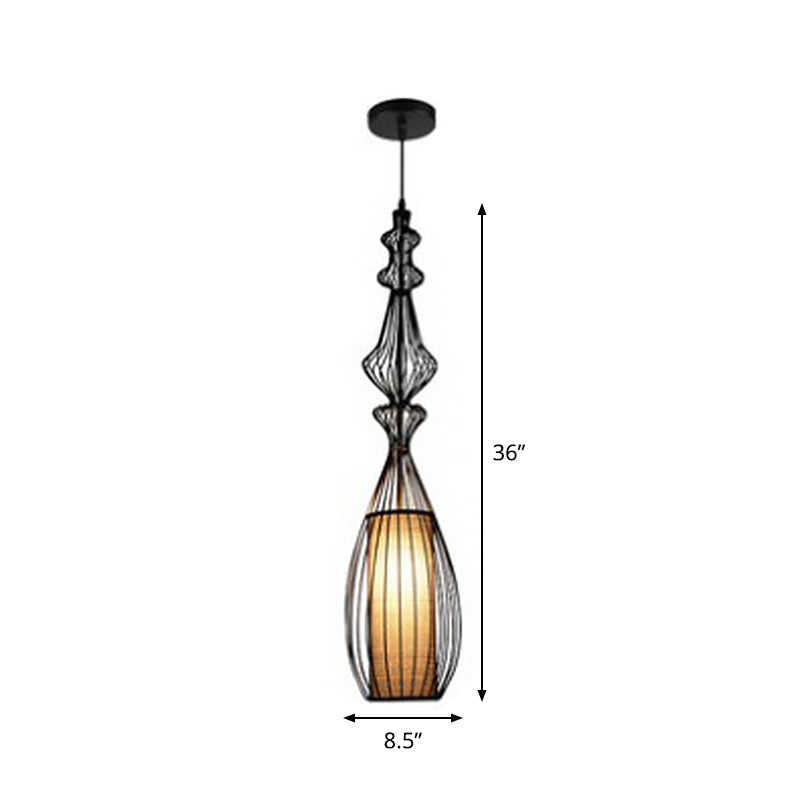 Retro Gourd Shaped Iron Pendant Light With Fabric Shade - Black 1 Bulb Stylish Ceiling Hanging