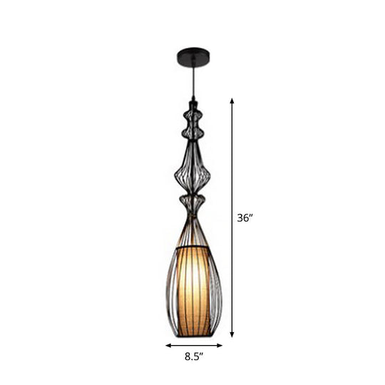 Retro Gourd Shaped Iron Pendant Light With Fabric Shade - Black 1 Bulb Stylish Ceiling Hanging